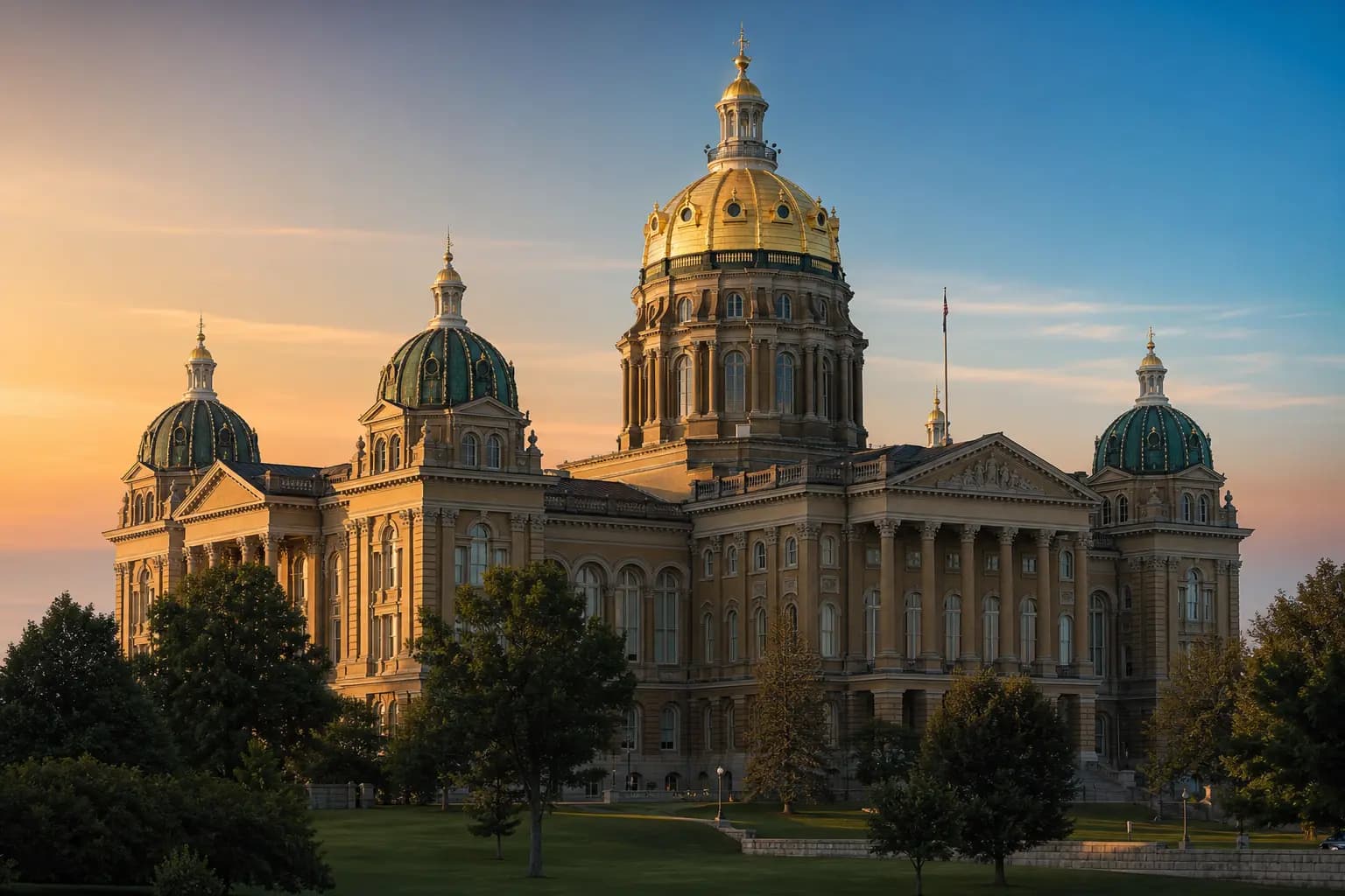 Iowa State Capitol golden dome at sunset in Des Moines
