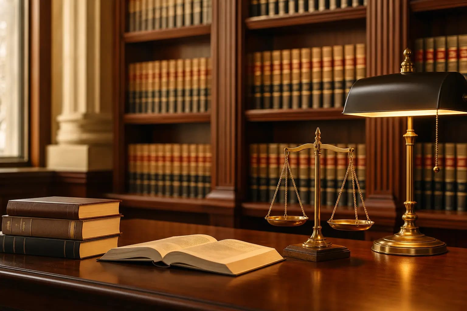 Warmly lit law library with shelves of legal volumes